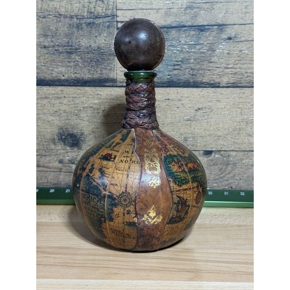 Vintage Italian Leather Wrapped Decanter Old World Map Globe Italy Dragon Ships